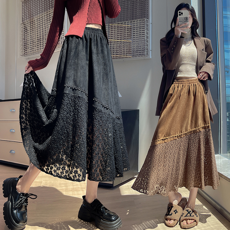 Leather cashmere splice skirt slim long dress for women