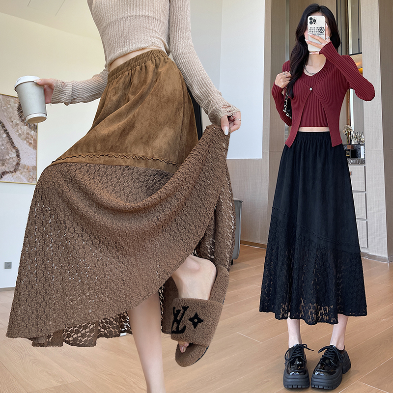 Leather cashmere splice skirt slim long dress for women