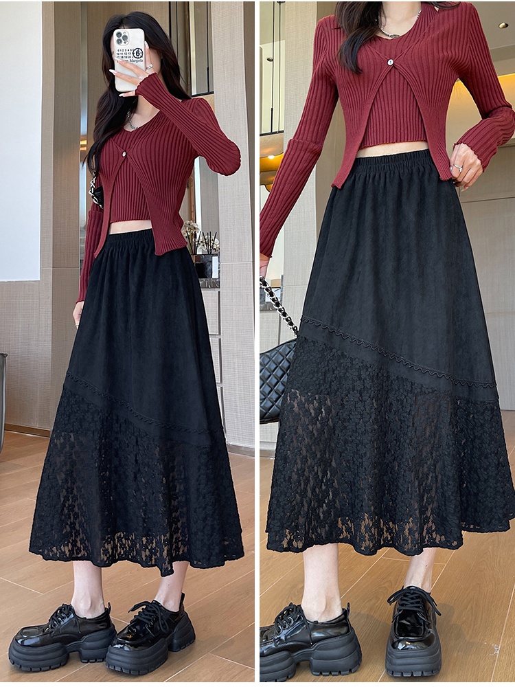 Leather cashmere splice skirt slim long dress for women