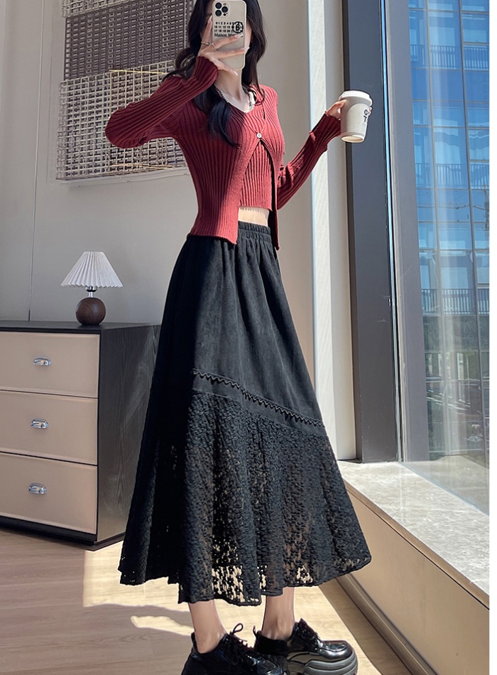 Leather cashmere splice skirt slim long dress for women