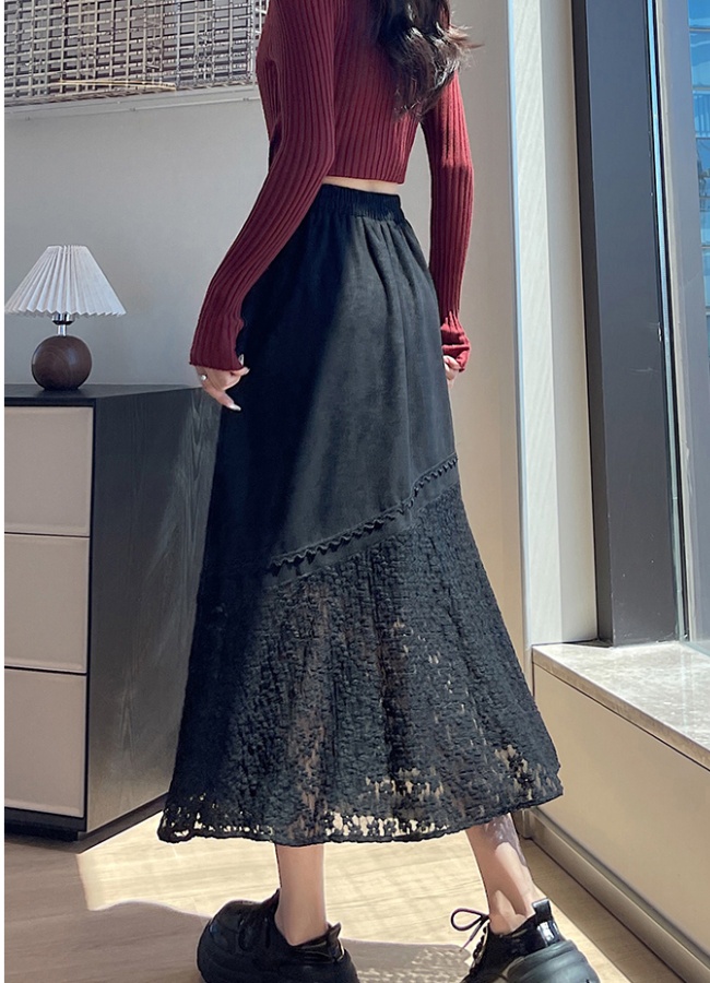 Leather cashmere splice skirt slim long dress for women