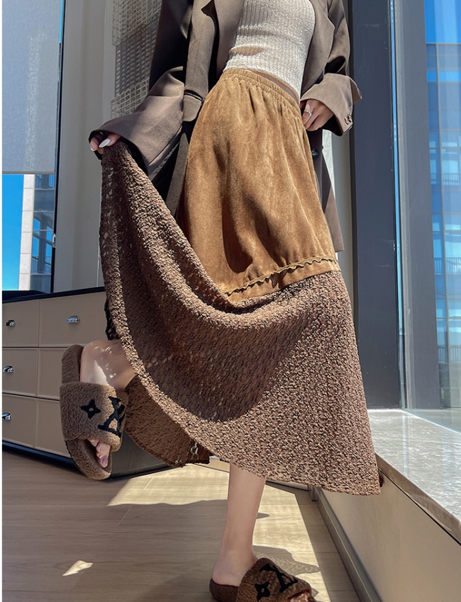 Leather cashmere splice skirt slim long dress for women