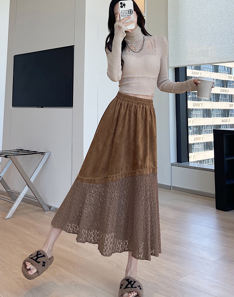 Leather cashmere splice skirt slim long dress for women