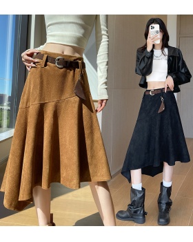 Spicegirl retro suede A-line high waist irregular long skirt