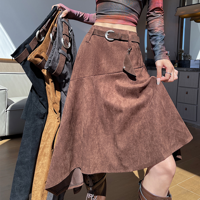 Spicegirl retro suede A-line high waist irregular long skirt