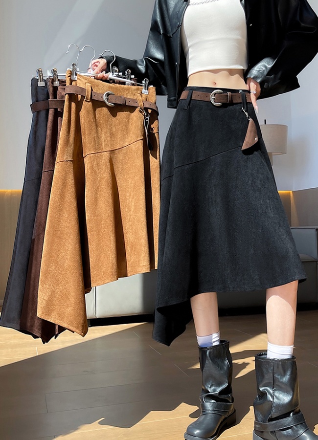 Spicegirl retro suede A-line high waist irregular long skirt