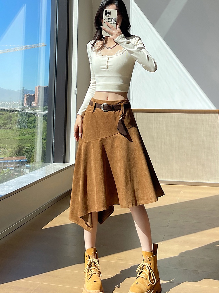 Spicegirl retro suede A-line high waist irregular long skirt