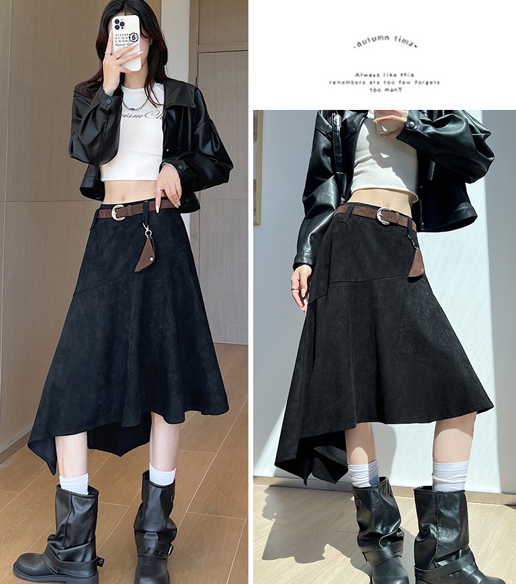 Spicegirl retro suede A-line high waist irregular long skirt