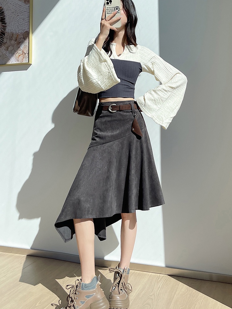 Spicegirl retro suede A-line high waist irregular long skirt