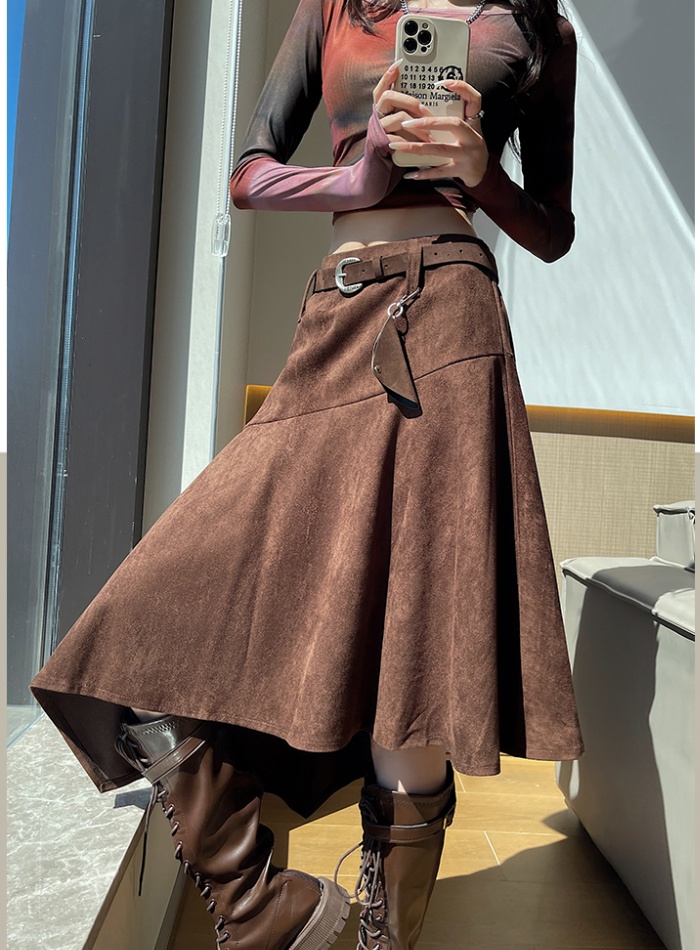 Spicegirl retro suede A-line high waist irregular long skirt