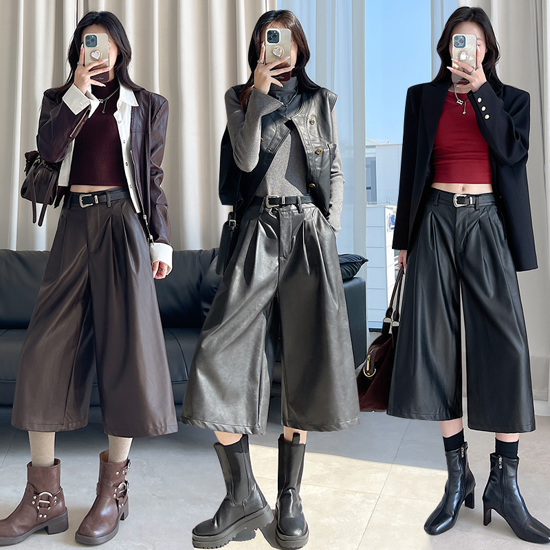 Autumn retro leather pants all-match five pants for women