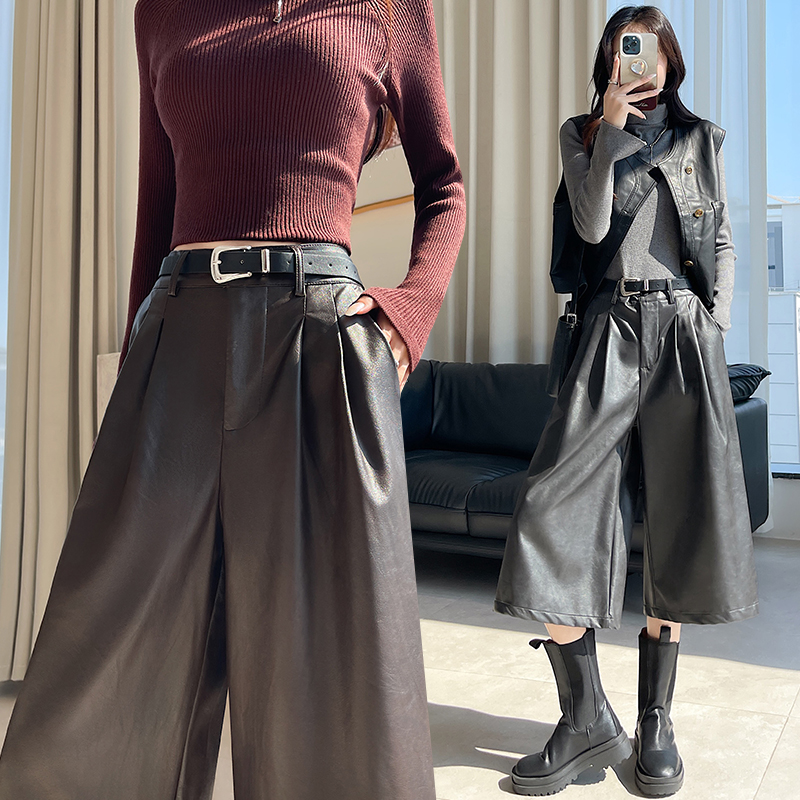 Autumn retro leather pants all-match five pants for women