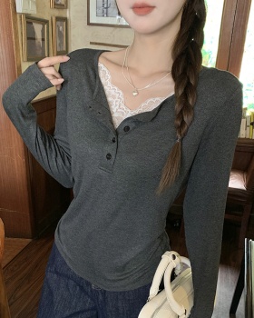 Lace enticement T-shirt Pseudo-two knitted bottoming shirt