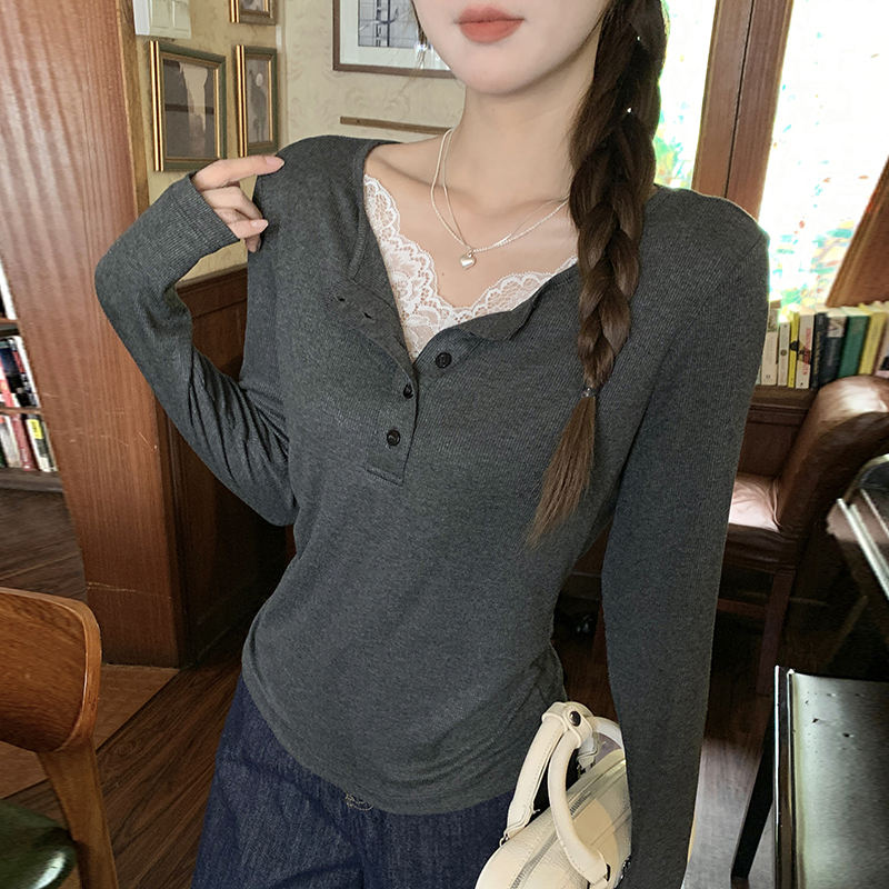 Lace enticement T-shirt Pseudo-two knitted bottoming shirt