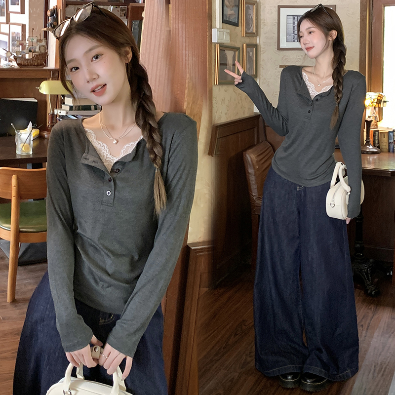 Lace enticement T-shirt Pseudo-two knitted bottoming shirt