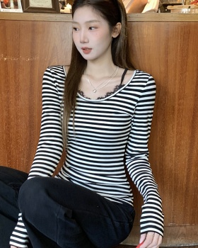 Stripe inside the ride tops unique lace bottoming shirt