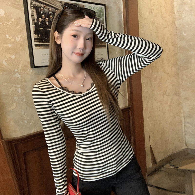 Stripe inside the ride tops unique lace bottoming shirt