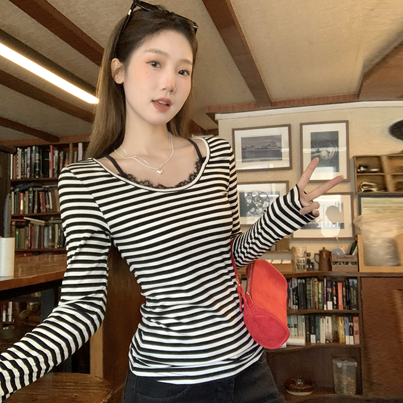 Stripe inside the ride tops unique lace bottoming shirt