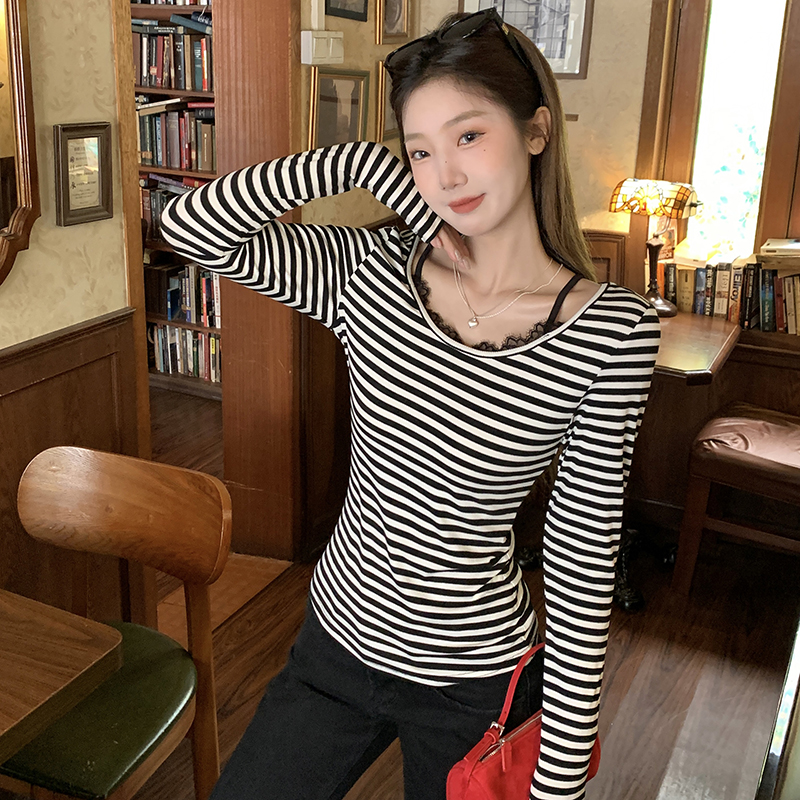 Stripe inside the ride tops unique lace bottoming shirt