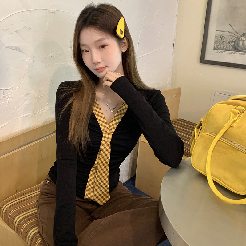 Unique autumn slim bottoming shirt splice Korean style tops