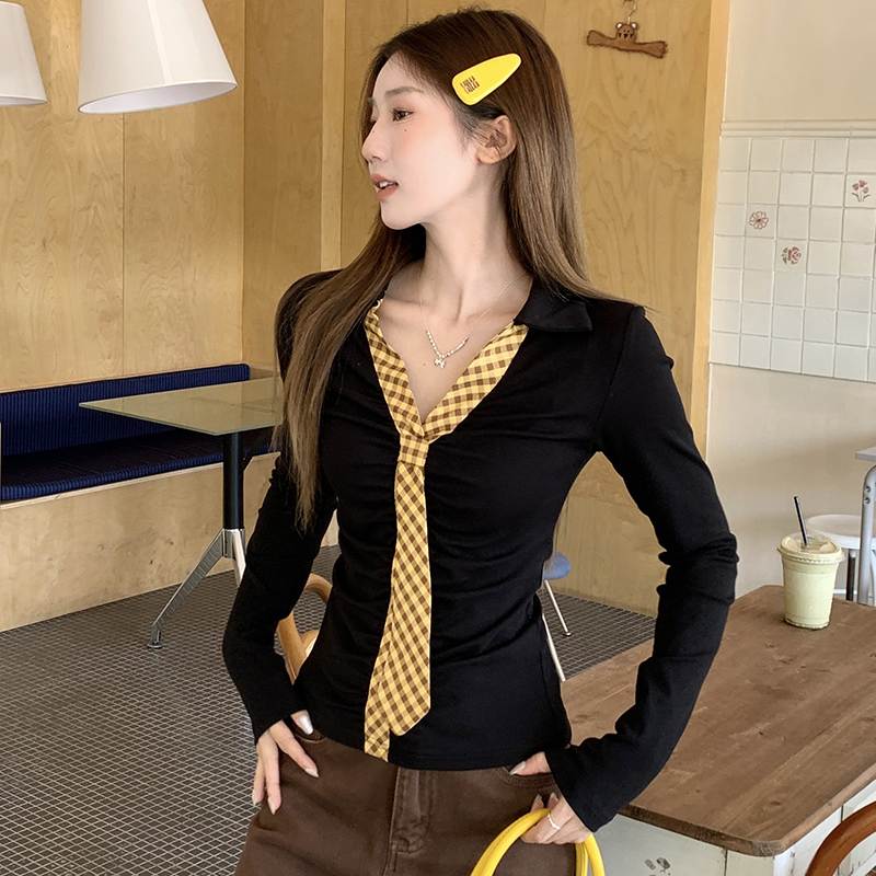 Unique autumn slim bottoming shirt splice Korean style tops