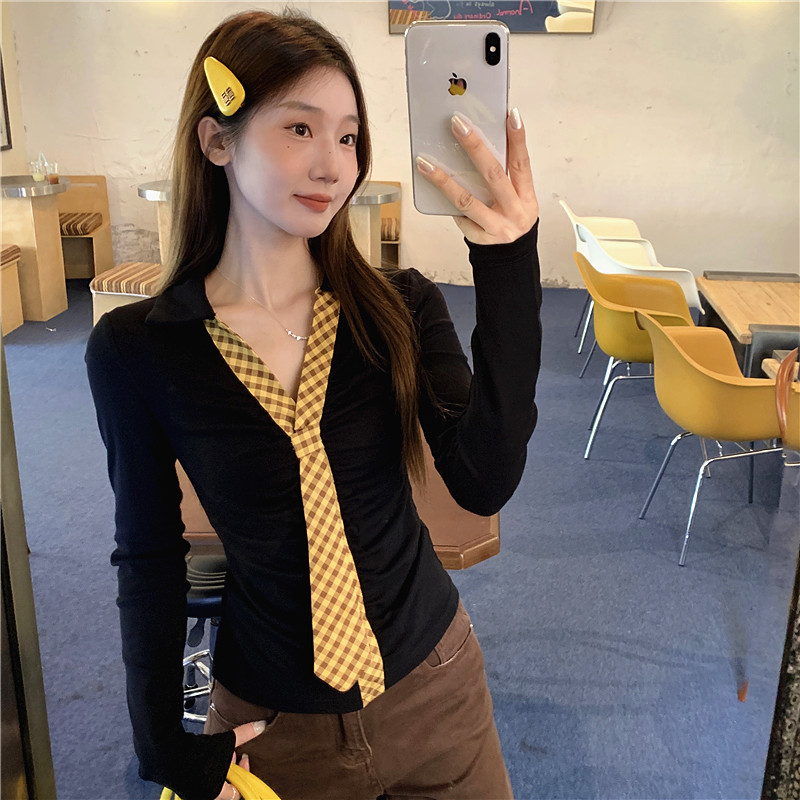 Unique autumn slim bottoming shirt splice Korean style tops
