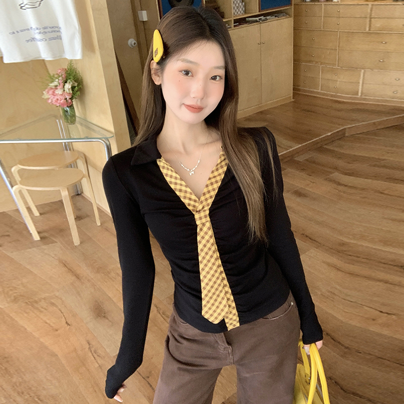 Unique autumn slim bottoming shirt splice Korean style tops