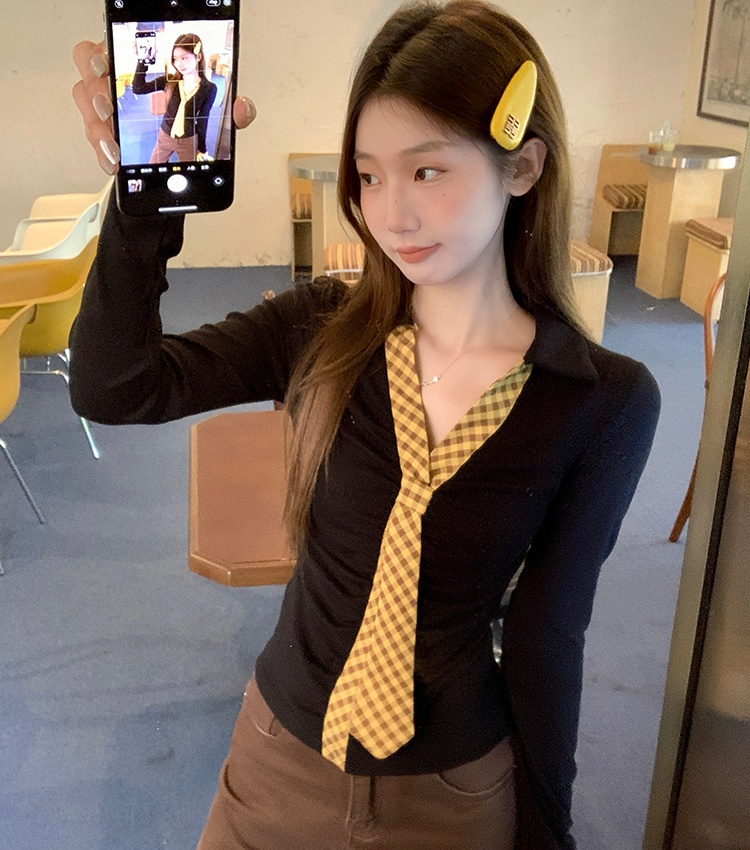 Unique autumn slim bottoming shirt splice Korean style tops