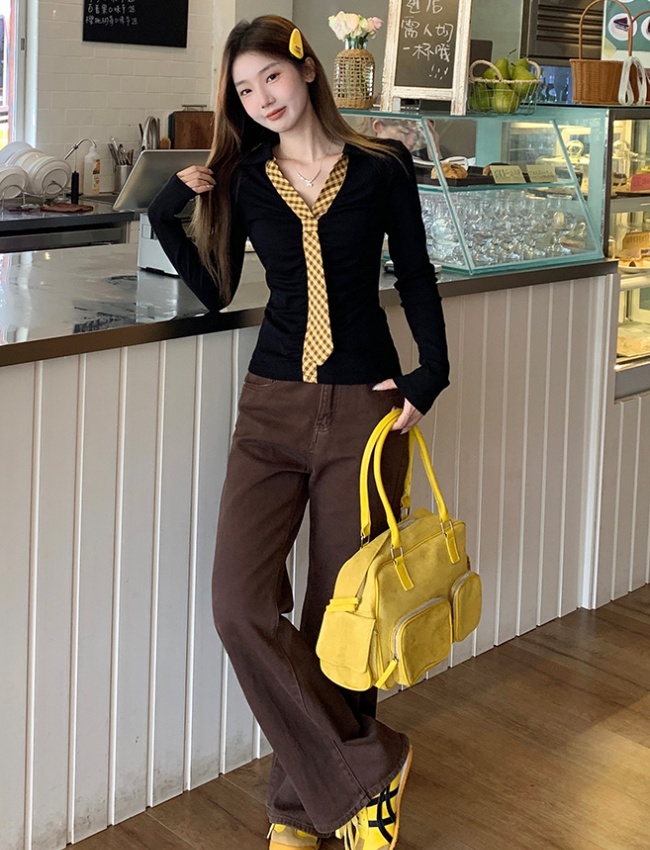 Unique autumn slim bottoming shirt splice Korean style tops