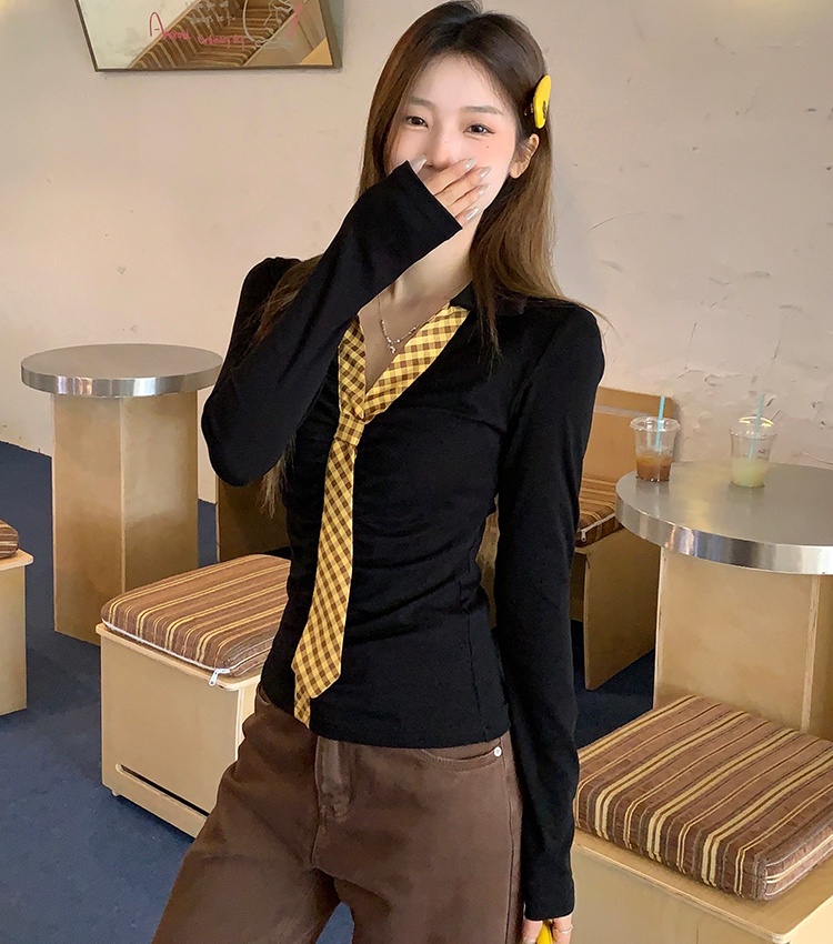 Unique autumn slim bottoming shirt splice Korean style tops