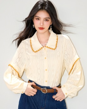 Loose all-match lapel shirt splice autumn tops for women