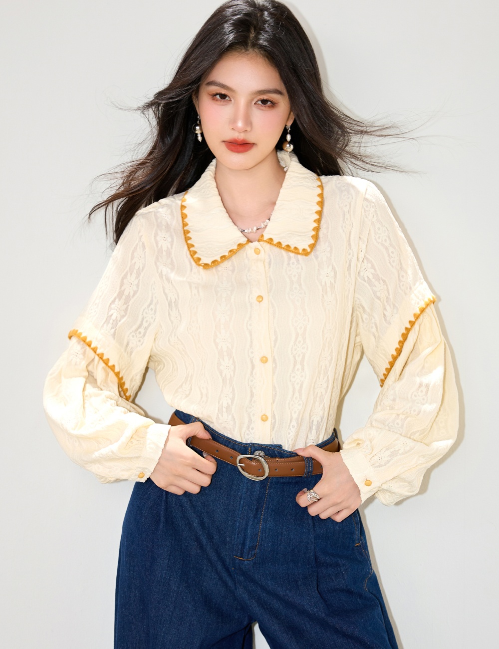 Loose all-match lapel shirt splice autumn tops for women