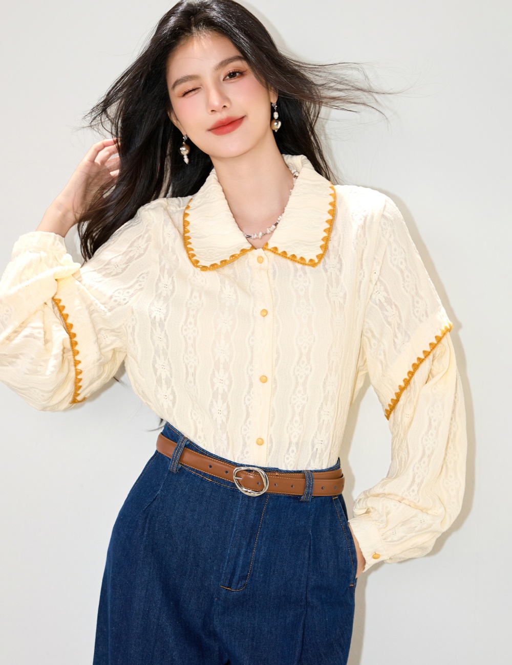 Loose all-match lapel shirt splice autumn tops for women