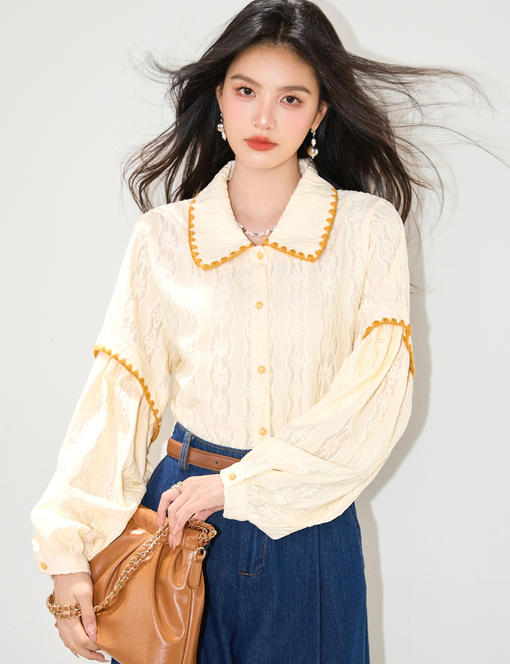 Loose all-match lapel shirt splice autumn tops for women
