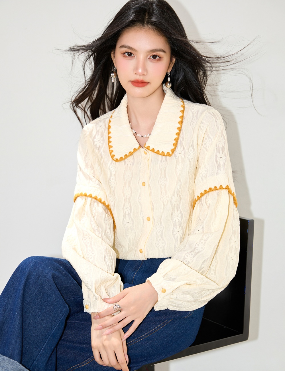 Loose all-match lapel shirt splice autumn tops for women