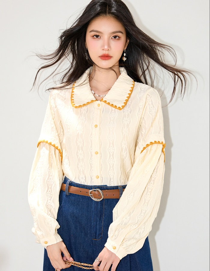 Loose all-match lapel shirt splice autumn tops for women