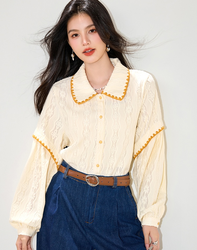 Loose all-match lapel shirt splice autumn tops for women