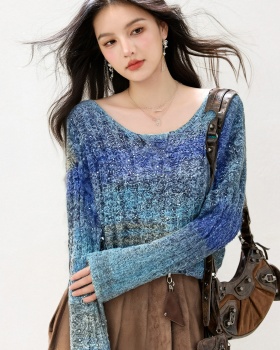 Blue fashion gradient tops V-neck loose long sleeve sweater
