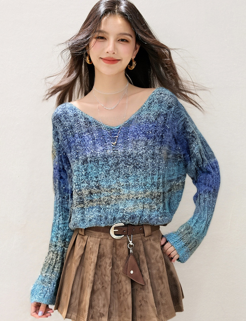 Blue fashion gradient tops V-neck loose long sleeve sweater