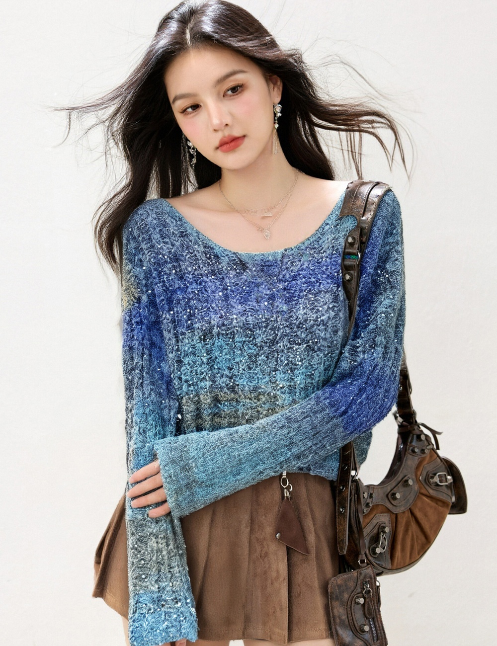 Blue fashion gradient tops V-neck loose long sleeve sweater