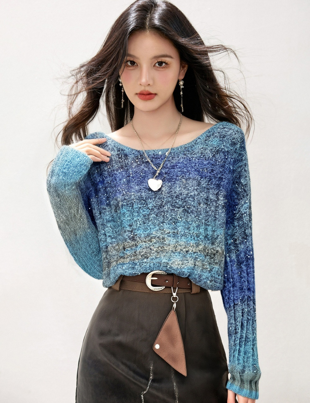 Blue fashion gradient tops V-neck loose long sleeve sweater