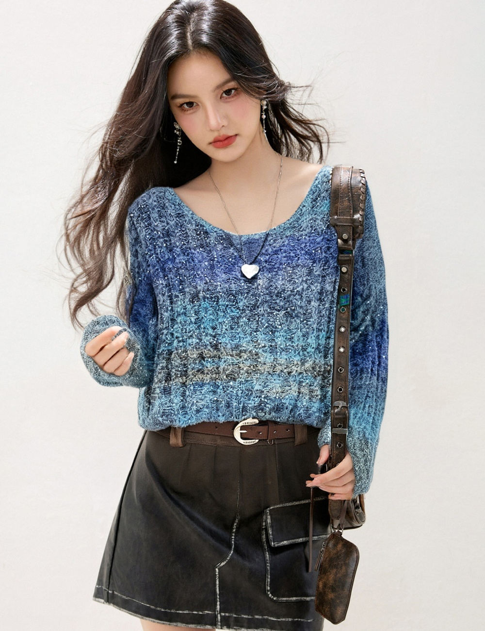 Blue fashion gradient tops V-neck loose long sleeve sweater