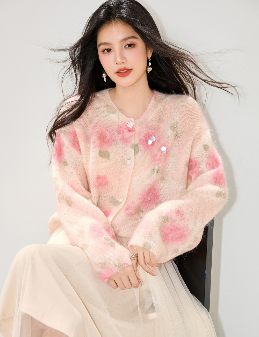 Long sleeve tender lazy tops printing autumn flowers coat
