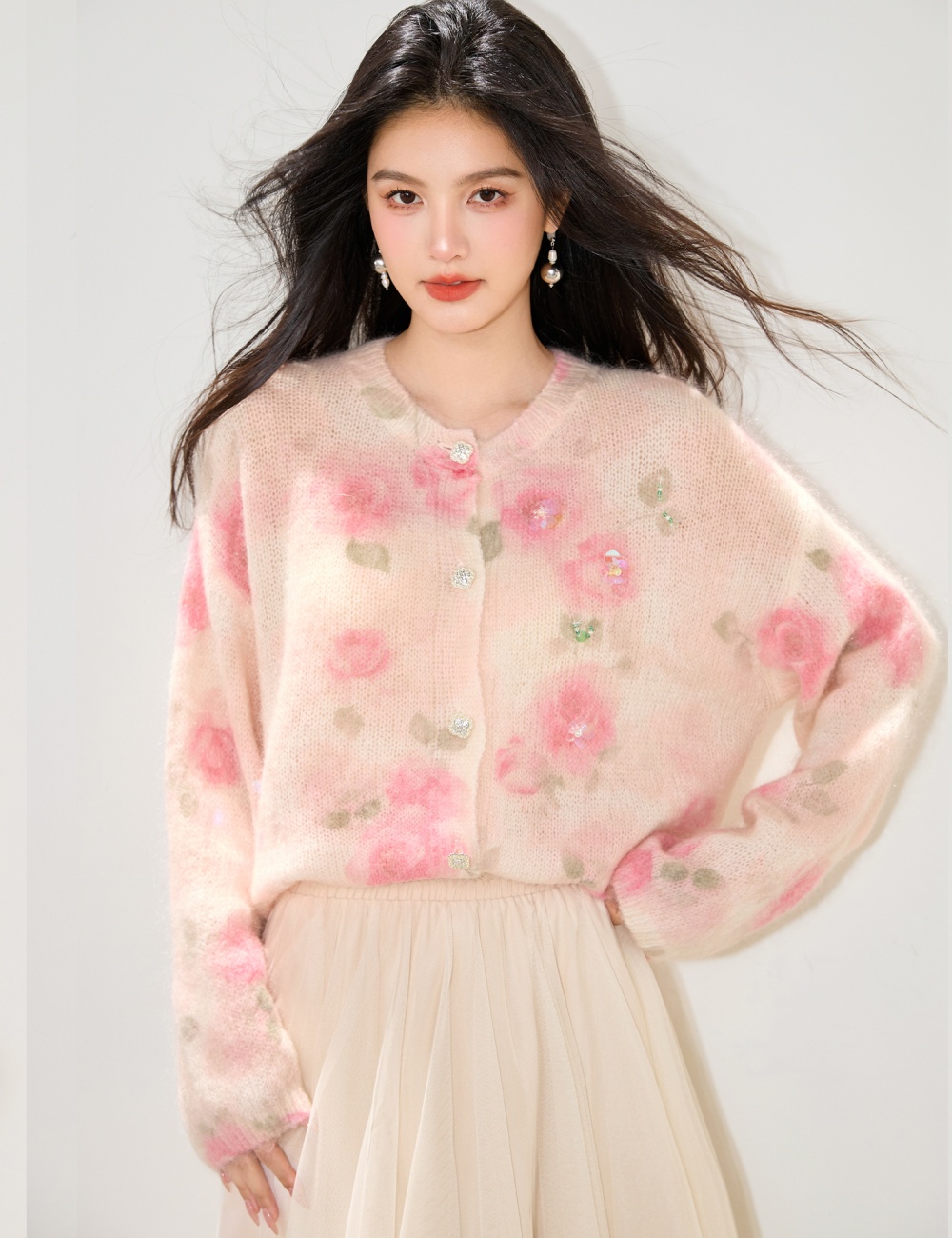 Long sleeve tender lazy tops printing autumn flowers coat
