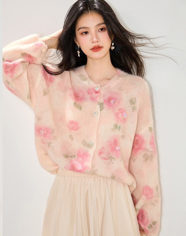 Long sleeve tender lazy tops printing autumn flowers coat