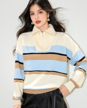 Mixed colors loose autumn lapel stripe sweater for women