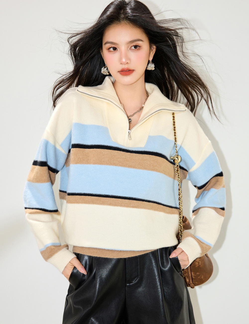 Mixed colors loose autumn lapel stripe sweater for women