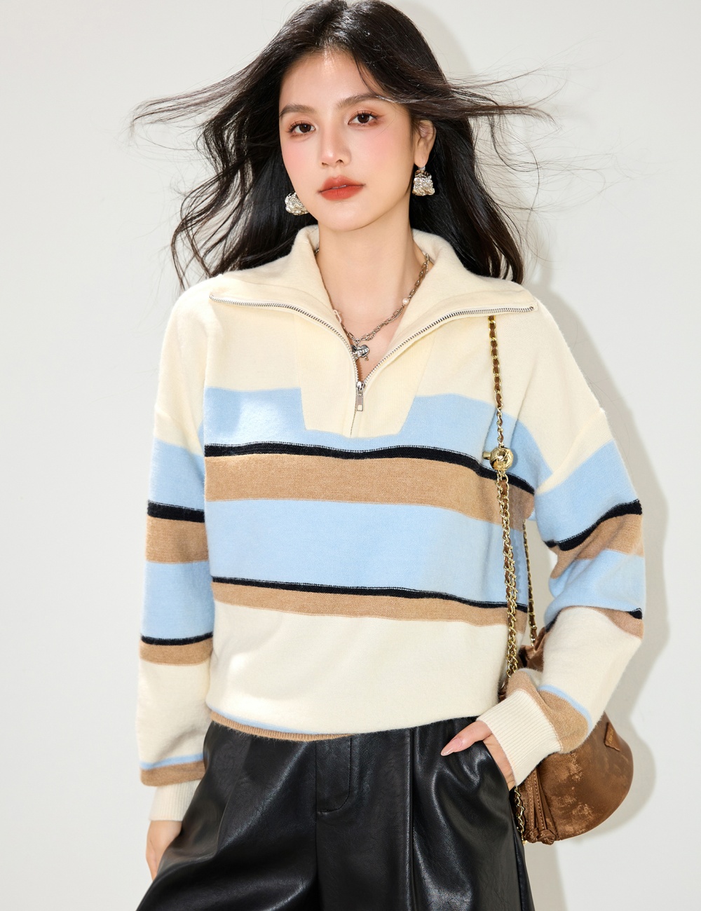 Mixed colors loose autumn lapel stripe sweater for women