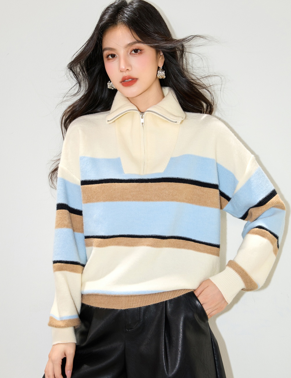 Mixed colors loose autumn lapel stripe sweater for women