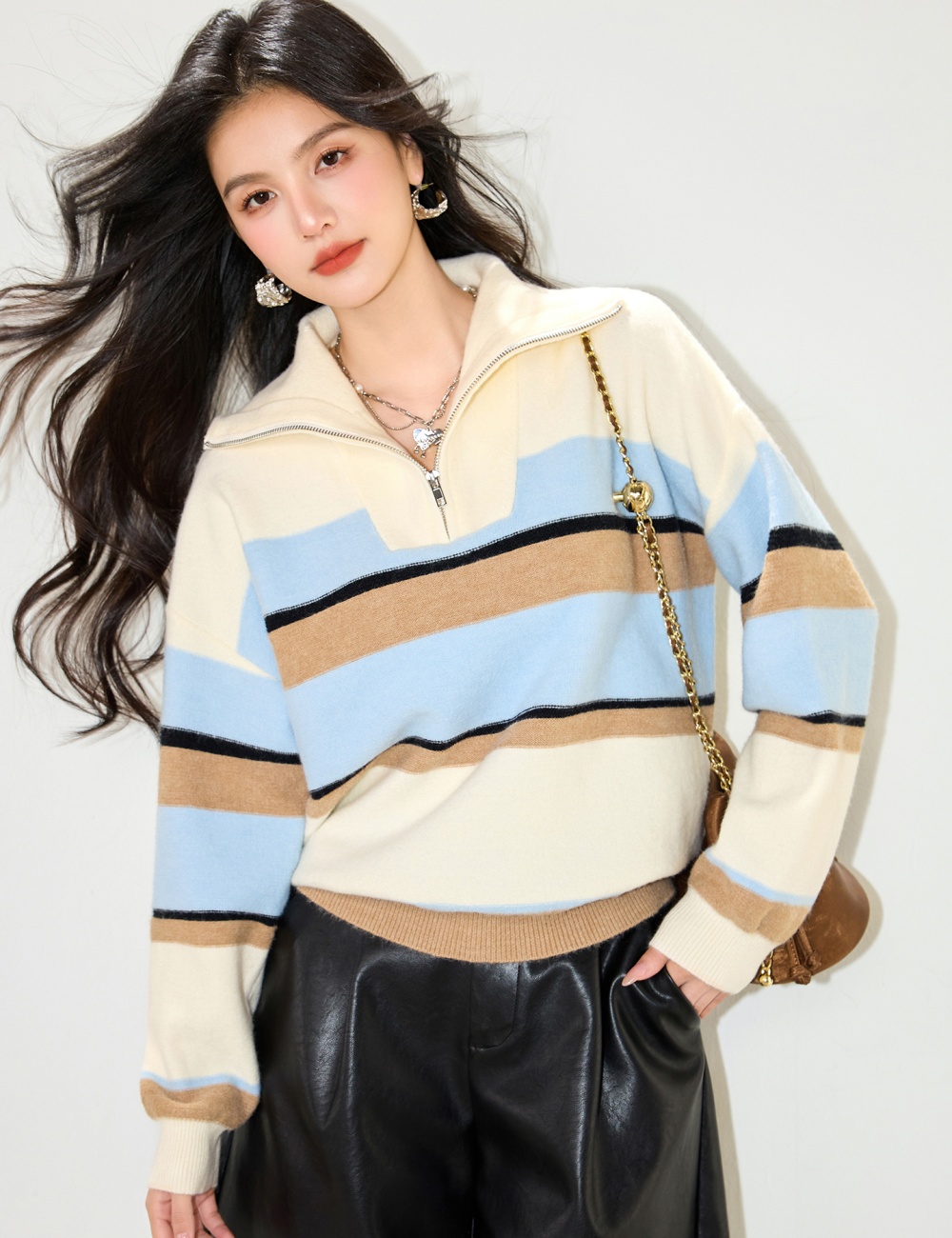 Mixed colors loose autumn lapel stripe sweater for women